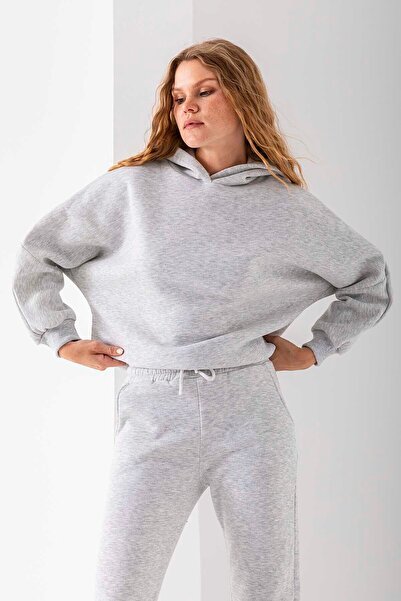 GİYSA Γυναικεία φόρμα με κουκούλα 3 κλωστών με ανοιχτόχρωμο βασικό γκρι - 2610