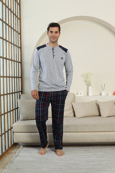 KAPİTEX New Season Long Sleeve Lapel Collar Three Button Pants with Pockets Gray Color Plaid Men's Pajama Set