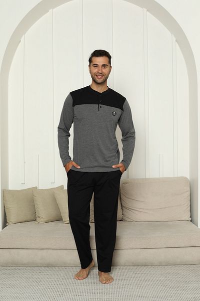 KAPİTEX New Season Long Sleeve Collar Placket Three Button Trousers with Pockets Anthracite Color Men's Pajama Set