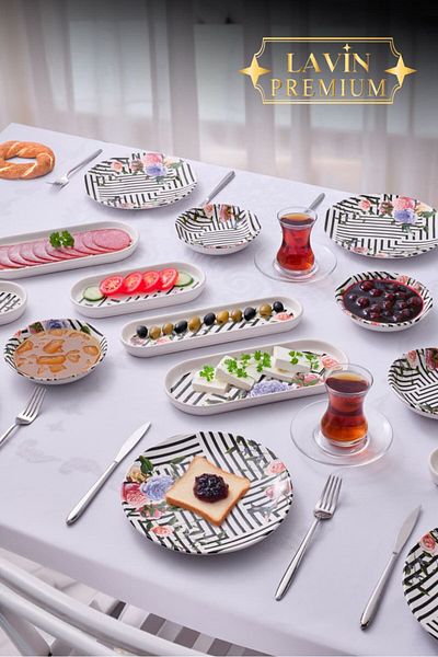 YzHome 14 Piece Porcelain Breakfast Set for 6 People Breakfast Presentation Set Plate Plate