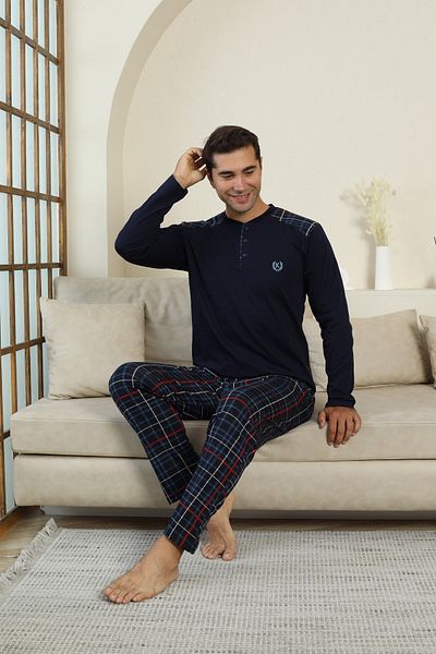 KAPİTEX New Season Long Sleeve Lapel Collar Three Button Trousers with Pocket Navy Blue Color Plaid Men's Pajama Set
