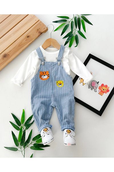 hümabebe Seasonal 2-Piece Salopet Set with Vertical Stripes and Cute Animal Embroidery
