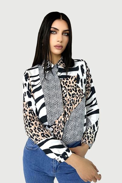 FashionForYou Women's Mozaic shirt, with long sleeves, cuffs and classic straight cut, Animal print, XL