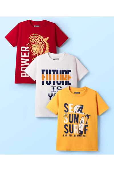 Pine kids تيشيرتات قطنية محبوكة بأكمام نصفية وطبعة نصية قوية (عبوة من 3 قطع) ...