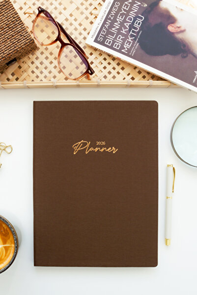 Matt Notebook 2026 Yılı 20x27 cm Keten Haftalık Planlayıcı Ajanda Kahverengi