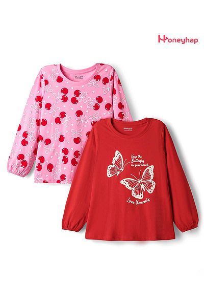 Honeyhap 100% Premium Cotton Full Sleeves Tops Butterfly Print, Pack of 2-Bonbon & High Risk Red