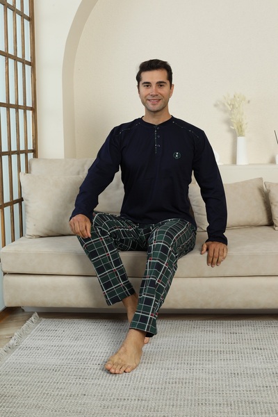 KAPİTEX New Season Long Sleeve Lapel Collar Three Button Trousers with Pocket Navy Blue Color Plaid Men's Pajama Set