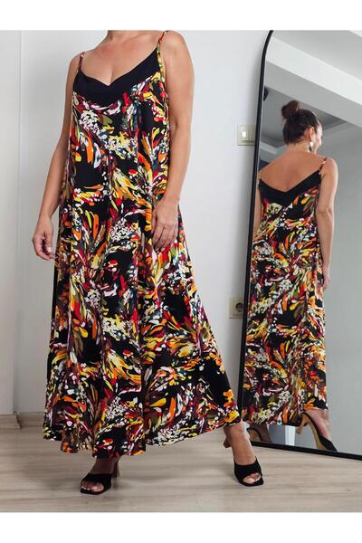 Felix Butik FELİX13959 İp Askılı Turuncu Sarı Yaprak Desenli Büyük Beden Siyah Viscon Penye Elbise