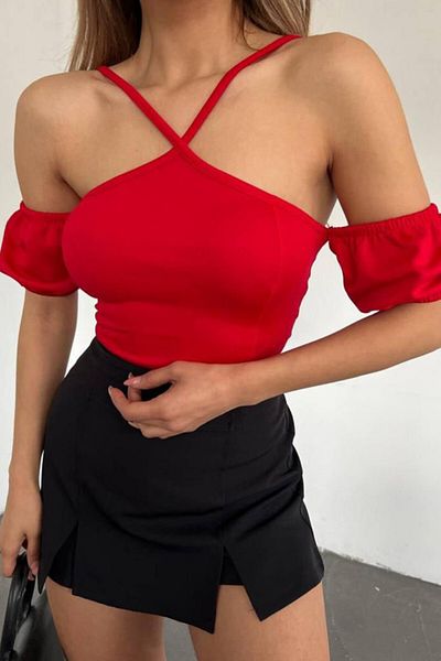 FashionForYou Beige short top, with bare shoulders and puffy cuffs with elastic trim, Red, M
