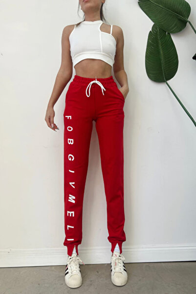 FashionForYou Αθλητικό παντελόνι FOB, κατασκευασμένο από βαμβάκι, ελαστικές μανσέτες με στυλιζαρισμένα κοψίματα στα άκρα, κόκκινο