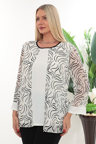 Javelin Collection Zero Collar Sleeves and Chiffon Printed Front Plus Size Bluz