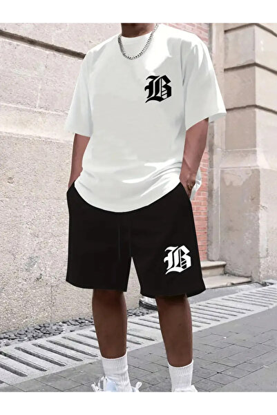 Cool mans طقم تي شيرت أبيض وسروال قصير أسود للجنسين