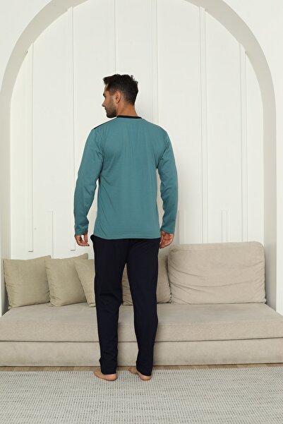 KAPİTEX Νέα σεζόν Ανδρικό Σετ Πιτζάμες Πράσινο Χρώμα με Μακρυμάνικο Πέτο Παντελόνι με τσέπες με τρία κουμπιά