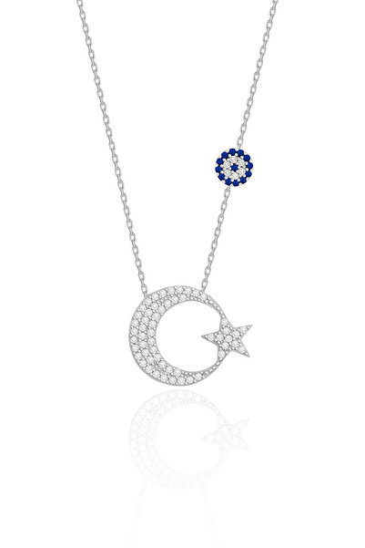 SİLVERA TELKARİ Ay Yıldız Gümüş Kolye Türk Bayrağı Gümüş Kolye Nazar Boncuklu...