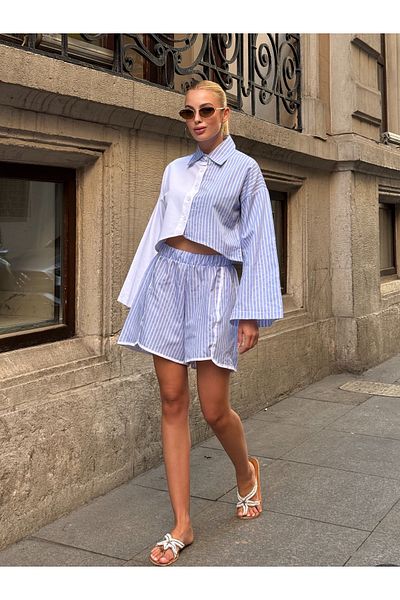MAMAYAGA Women's Striped Asymmetrical Cut Spanish Sleeve Front Button Sports Stylish Design Skirt Shorts Shirt Suit
