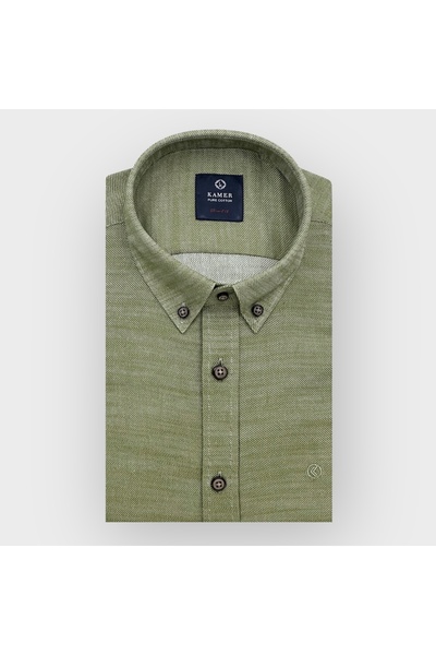 KAMER Men's Slim Fit Long Sleeve Button Collar Pocketless Green Shirt 2401Y
