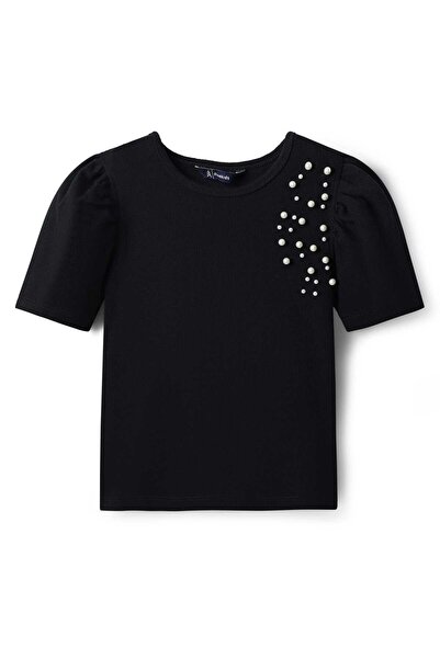 Pine kids بلوزة قطنية محبوكة بأكمام نصفية بلون واحد مع تفاصيل لؤلؤية - أسود