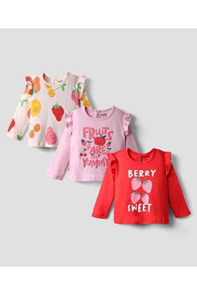 Bonfino GIRLS 100% COTTON FULL SLEEVES T-SHIRT PACK OF 3 - IVORY, RED, LT PINK