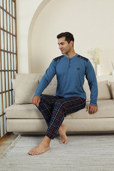 KAPİTEX New Season Long Sleeve Lapel Collar Three Button Pants with Pockets Indigo Color Plaid Men's Pajama Set