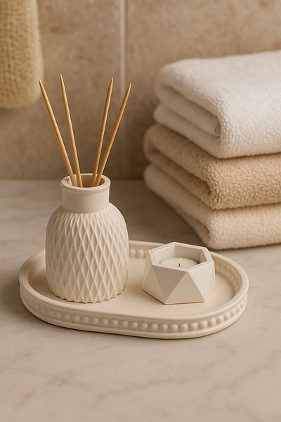 ARGKRİSTAL Decorative Concrete 3-Piece Living Room & Bathroom Accessory Set – Oval Tray, Fragrance Bottle and Candle Holder