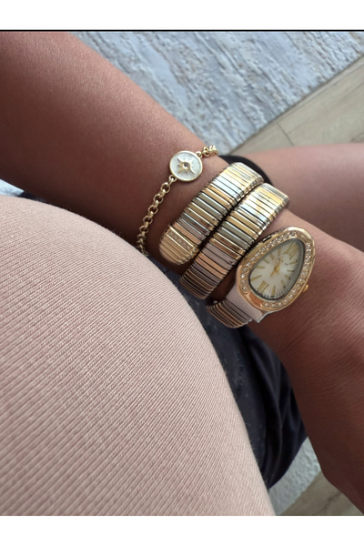 ACCESSORYHUB ساعة نسائية من الفولاذ بتصميم ثعبان ذهبي وفضي