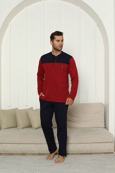 KAPİTEX New Season Long Sleeve Collar Placket Three Button Trousers with Pockets Burgundy Color Men's Pajama Set