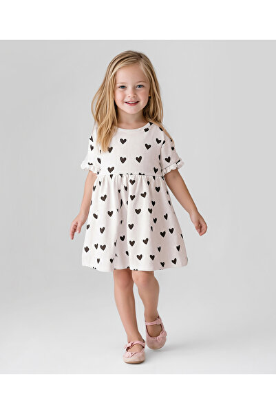 Bonfino 100% Cotton Knit Rib Fabric Half Sleeves Frock with Heart Print & Fri...