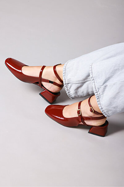 Modafadır حذاء نسائي ذو مقدمة مربعة باللون العنابي مفتوح من الخلف ماري جين من...