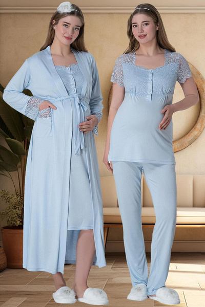 Mavelle Women's Lace Detailed Long Nightdress Pajamas Maternity Maternity Set 6065