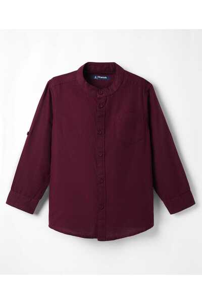 Pine kids 100% Cotton Full Sleeves Solid Shirt with Mandarin Collar - Maroon