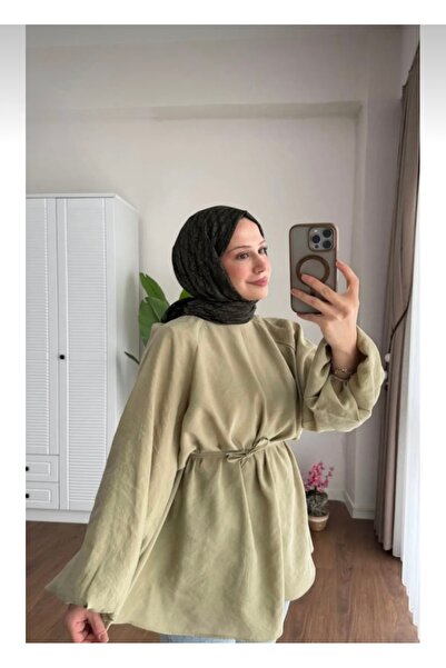 Bahar Altundemir Women's Balloon Sleeve Waist-Tie Hijab Khaki Tunic Shirt Rz01