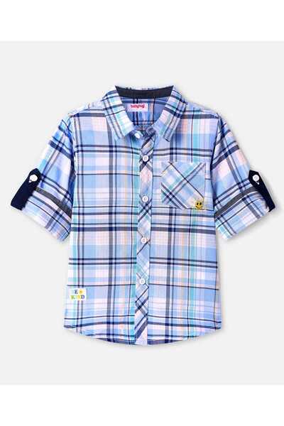 Babyhug Cotton Woven Full Sleeves Checkered Shirt with Sun Embroidery - Light Blue
