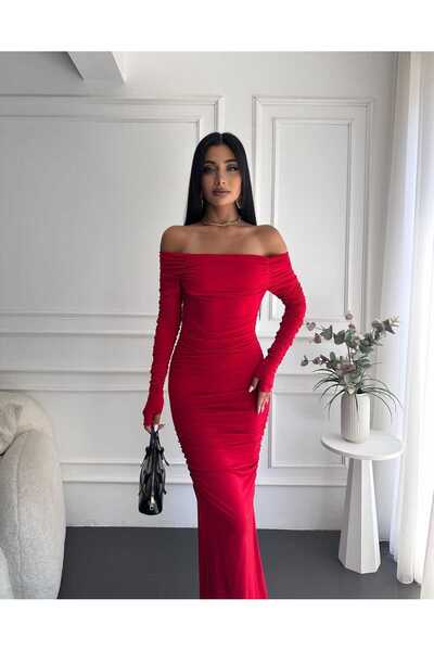 MILANOFOX Red Slit Long Sleeve Finger Interlocking Sandy Madonna Dress – Stylish & Elegant Evening Dress Model