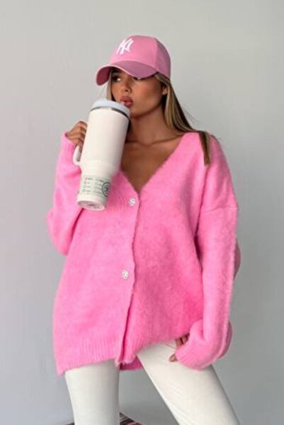 Ded COLLECTION Kadın V Yaka Taşlı 3 Düğmeli Yumuşak Dokulu Uzun Kollu Rahat Kesim Uzun Boy Hırka