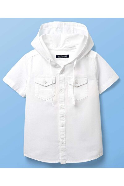 Pine kids Cotton Woven Half Sleeves Solid Hooded Shirt - White