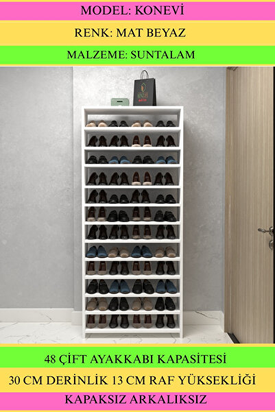 Kenzlife Ayakkabılık Konevi Mat Beyaz Suntalam 183*080*30 Kırksekiz Çift Ayakkabı Kapasitesi Arkalıksız