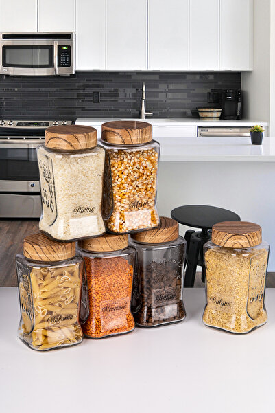 Lizzy 6 Lı 1100 ML Cam Kavanoz Erzak Saklama Kabı Özel Seri İşlemeli ve Etiket Hediyeli