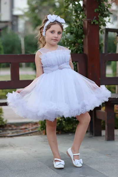 MİSS RAİN Girl's Tulle Evening Dress with Skirt Tip and Breast Ruffle Detail with Stone Accessories
