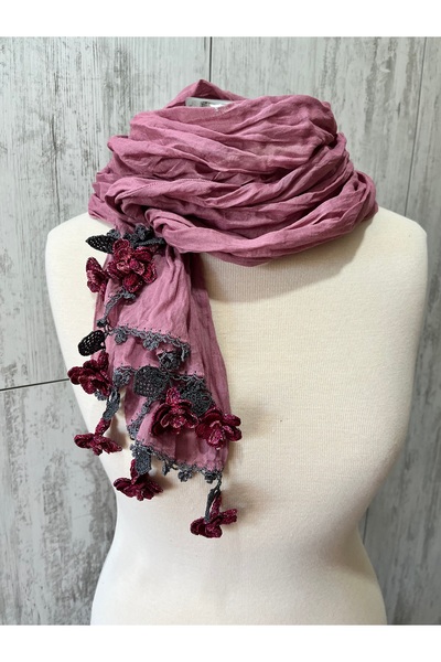 KAFTAN TAKI TASARIM Crochet Cotton Scarf 41X1.50Cm 8 Flowers