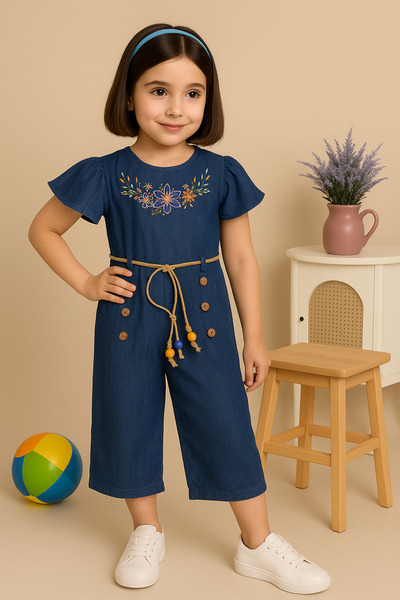 KAMİKAM Quality Denim Children's Jumpsuit, Embroidery