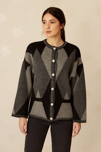 ASEZ BUTİK Oversize Patterned Soft Textured Cardigan - Gray & Black
