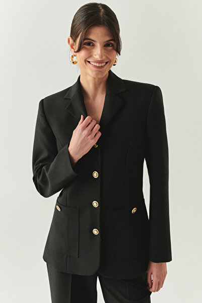 Exquise Padded Lined Slim Fit Pocket Black Jacket