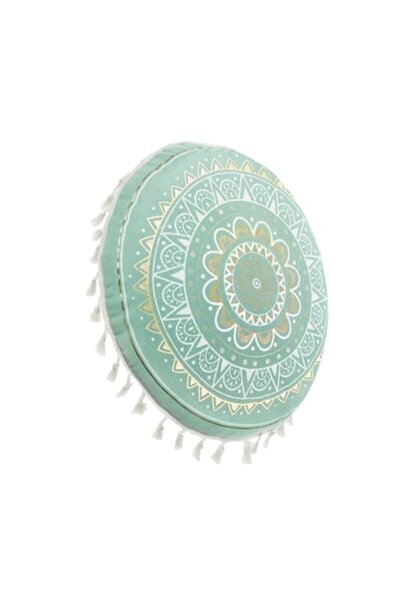 OEM Pernă de podea verde cu model mandala auriu, bej, cu ciucuri, diametru 60 cm