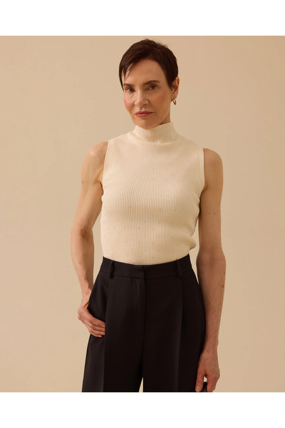 SEÇİL Women's Stone Detailed Knitwear Sleeveless Blouse - Ecru