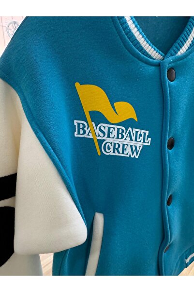 Magu Unisex Kids Cotton Turquoise White College Jacket - Bomber Coat with Letter and Print Detail
