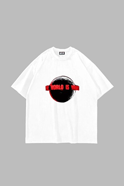 Bak Moda The World Is Yours V2 Printed Oversize Unisex White Tshirt