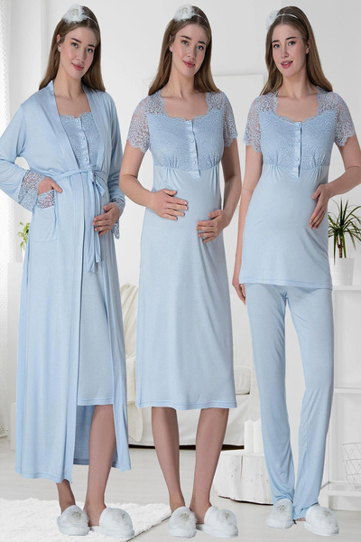 Mavelle Women's Lace Detailed Long Nightdress Pajamas Maternity Maternity Set 6065