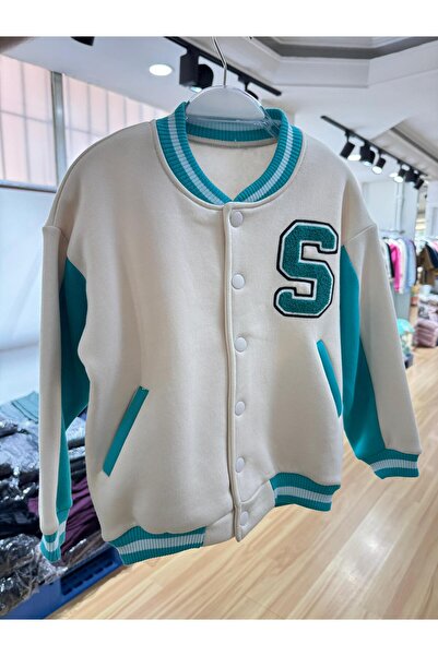 Magu Unisex Kids Cotton White Turquoise College Jacket - Letter Appliqued Bomber Coat