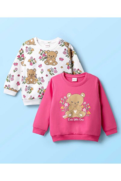 Babyhug سويت شيرت قطني محبوك بأكمام طويلة بطبعة زهور ودب (عبوة من قطعتين) - أ...