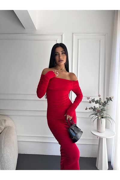 MILANOFOX Red Slit Long Sleeve Finger Interlocking Sandy Madonna Dress – Stylish & Elegant Evening Dress Model